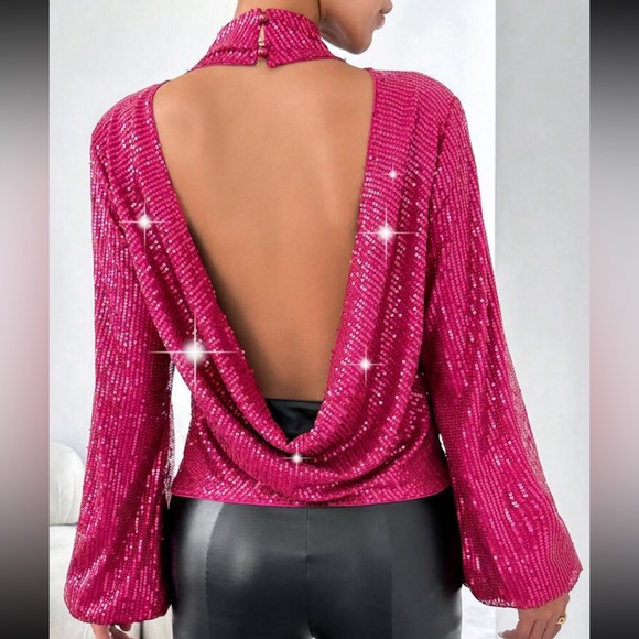 Luxe Sequin Drape Cowl Neck Open Back Backless Party Top Blouse Shirt Hot Pink - Picture 1 of 5